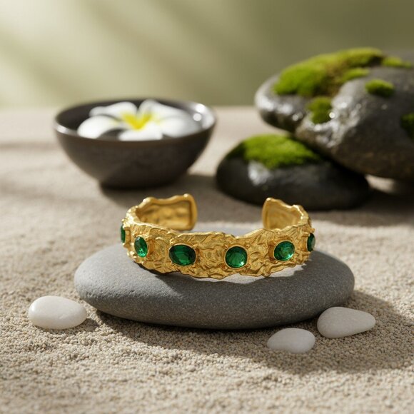 Vintage-Inspired Gold Cuff Bracelet | Green Zirconia Gems | 18K Gold Plated - Picture 5 of 12